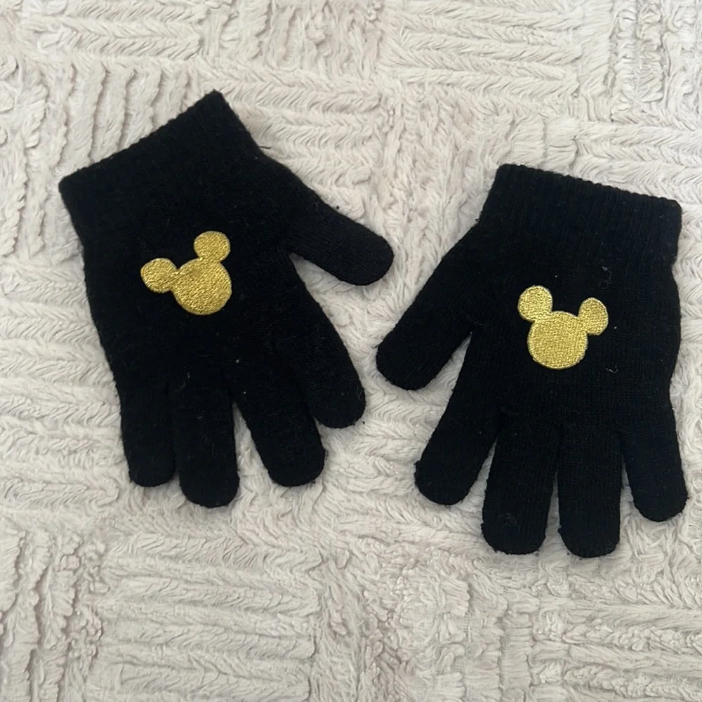 Black stretch knit gloves with gold color embroidered Mickey Mouse One size